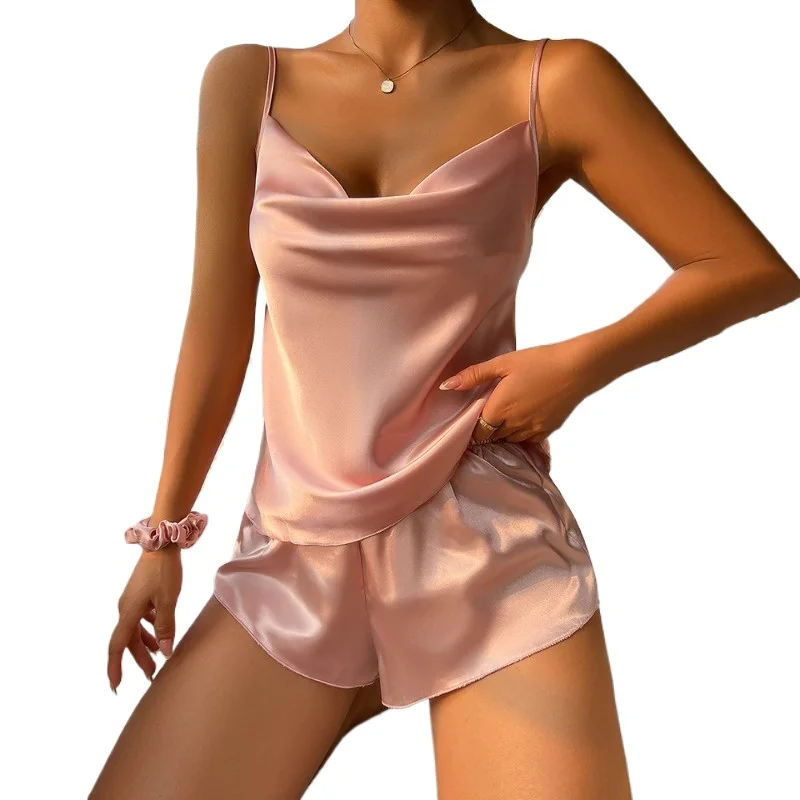 Women's Nightwear Pants  Synthetic Silk Home Wear  Simple and Casual Backless Strappy Short Pants Set Sexy Ice Silk Nightgown