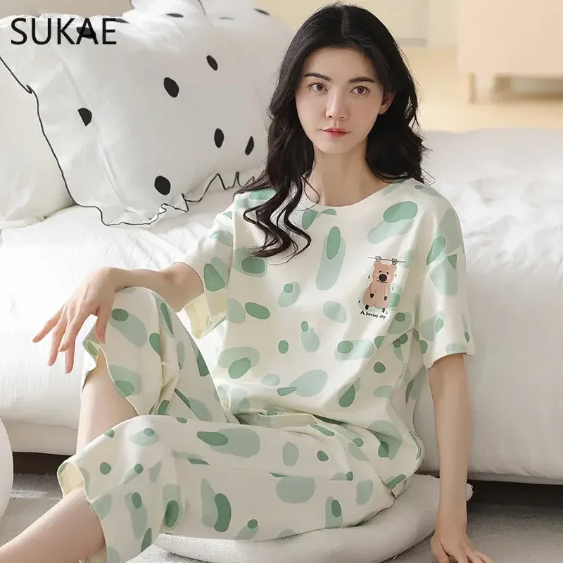 SUKAE 100% Cotton Woman\'s Capris Pajamas Sets Short Sleeves Calf-length Sleepwear Summer Quarter Pants Homesuits Woman Pijamas