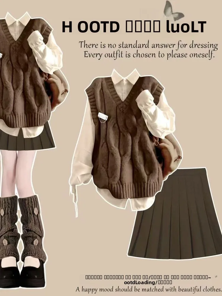 

Осенний комплект, женский свободный длинный вязаный жилет для колледжа, футболка из полиэфирного волокна, повседневная одежда
