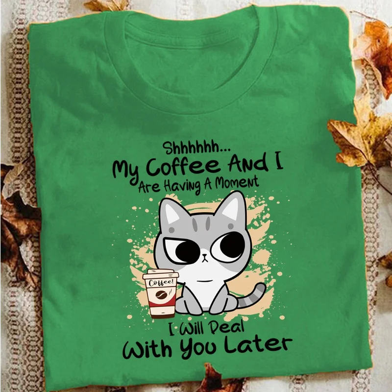 Funny Cat Shhhhh....My Coffee and I Are Having A Moment Print T-Shirts Summer Short Sleeve Tee Shirts for Women Ladies Tops Tees