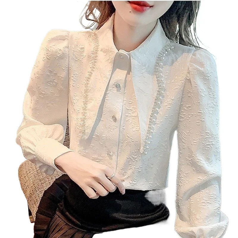 

2026 Spring and Autumn New French Sweet Chic Celebrity Fashion Doll Collar Bubble Long Sleeve White Shirt Top Women Temperament