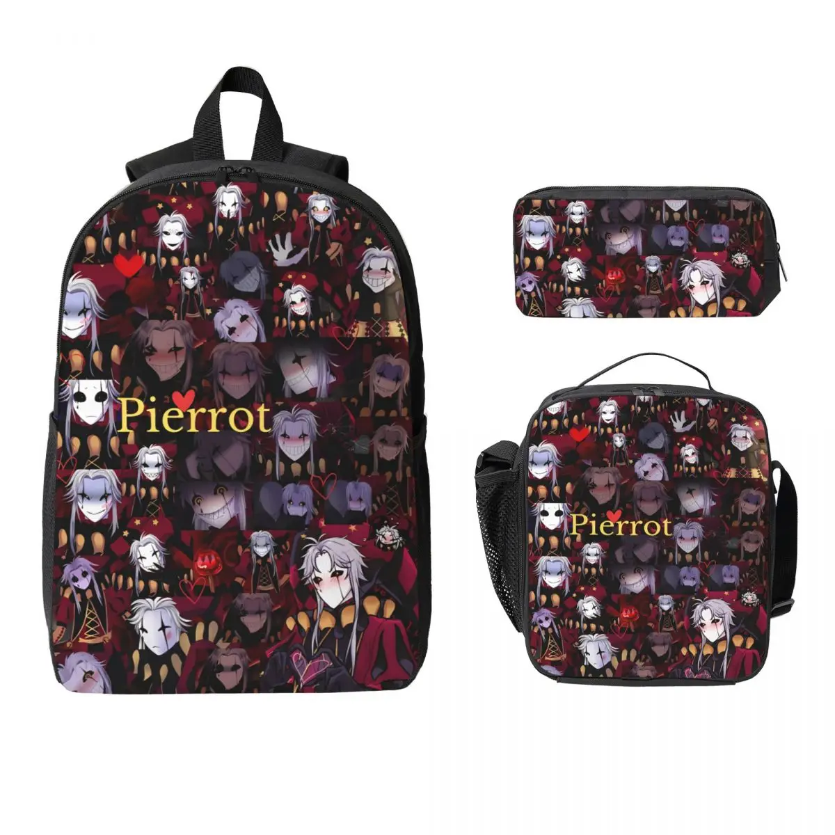 3Pcs Pierrots The Freak Circus Backpack Set for Girls Boys Pencil Boxes Bookbag Sets with Lunch Box For School Students Knapsack