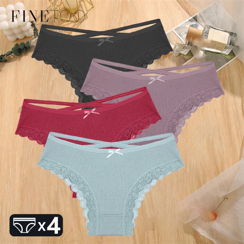 

FINETOO 4pcs/Set женские хлопковые трусики сексуальные кружева Braizlian Briefs дышащий полосатый нижнее белье женский крест пояс сплошной белье