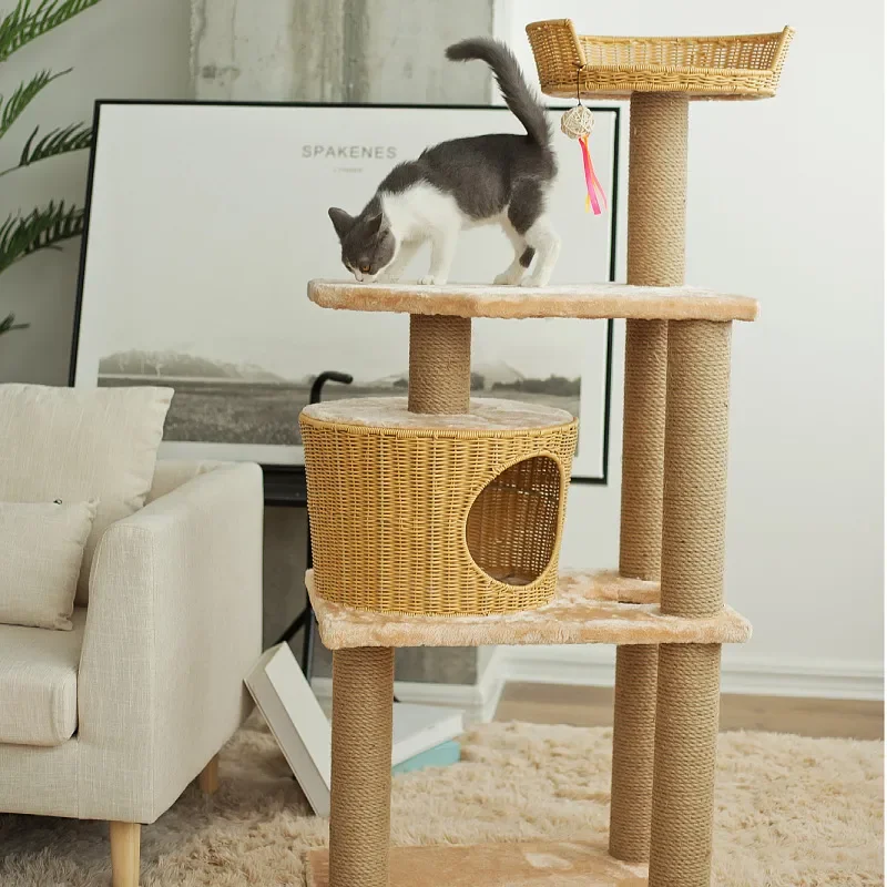 Rattan Feline Mansion, Sisal Scratch Pillar, Built-in Waste Tray, Anti-abrasion Pet Playhouse
