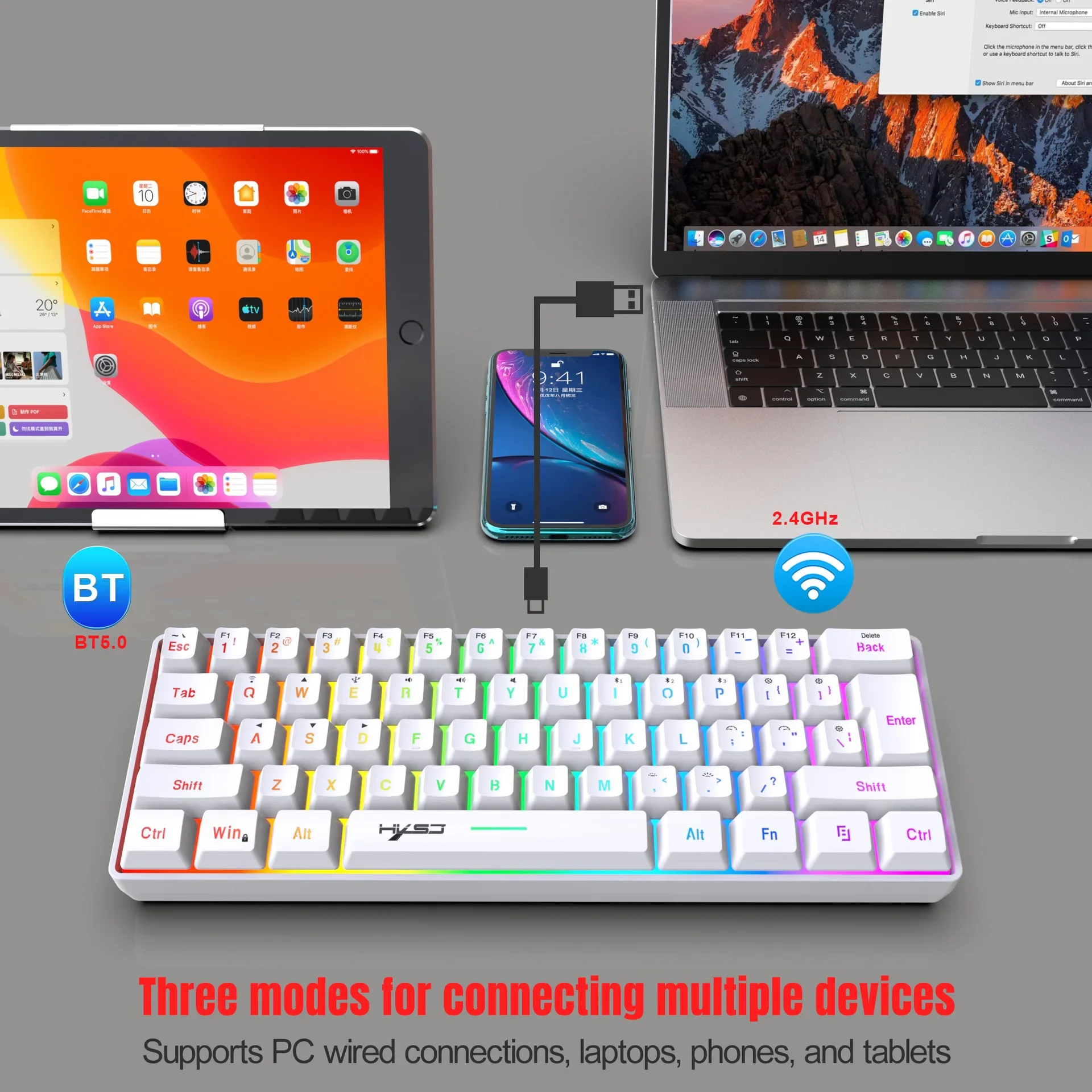 Bluetooth wireless keyboard 2.4G USB Triple RGB keyboards white 60% Computer Backlit ergonomic Tablet  key board laptop claviers