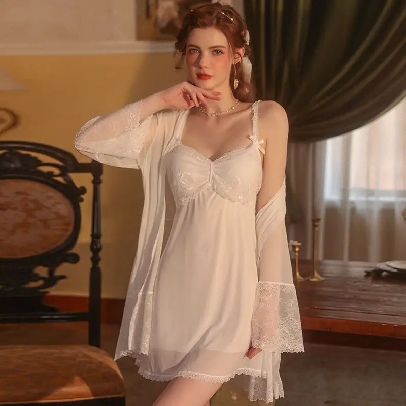 Nightdress Women's Lace Mesh Sweet French Style Nightgown Sexy Pajamas Casual Thin Homewear 2024 Spring New Female Sleepwear Set