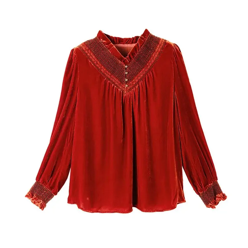 High end gold velvet top for women with a niche design sense, retro gold velvet shirt for women, autumn/winter 2024