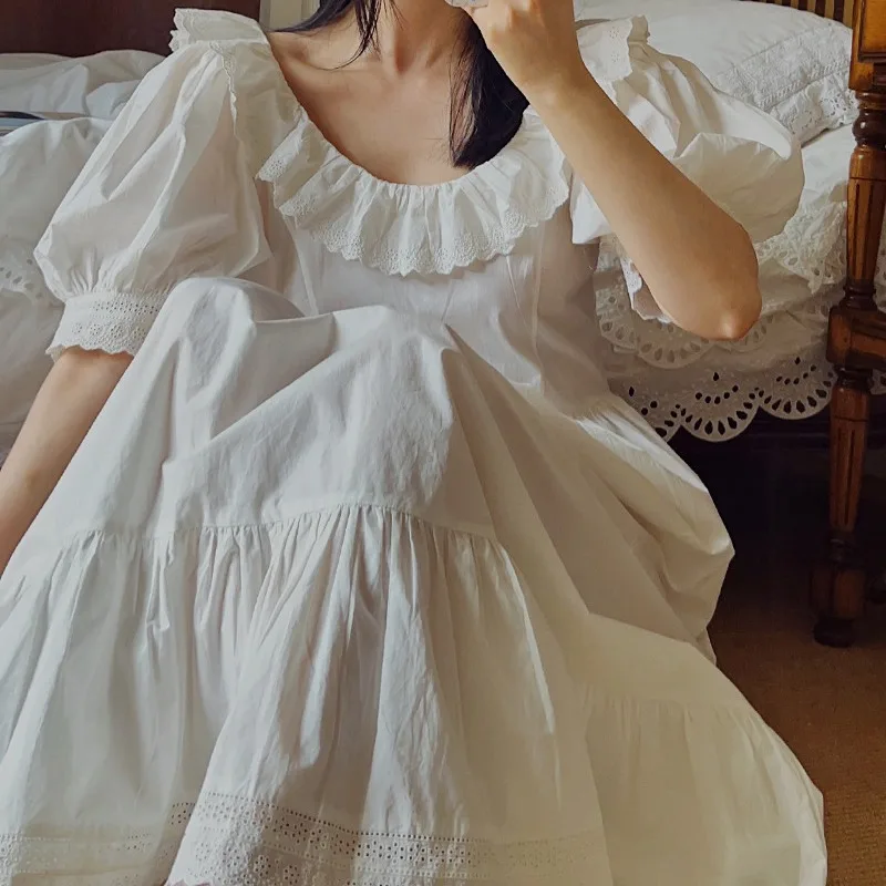 

Women Long White Cotton Nightgown Retro Princess Court Style With Puffed Sleeves For Summer White Loungewear Nightdress Pajama