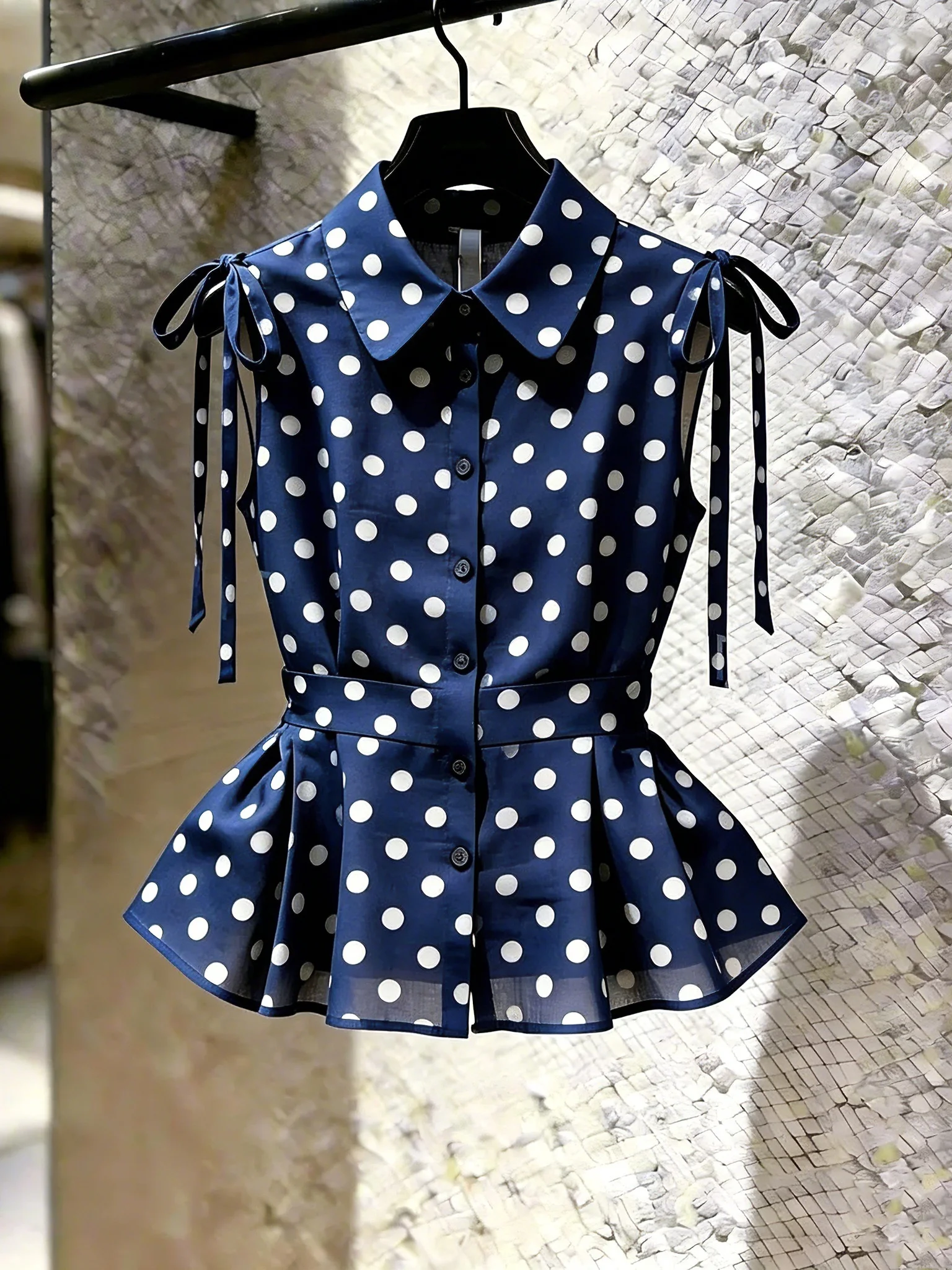 

Summer Polka Dot Shirt Color Block Slim Fit Sleeveless Turn down Collar Vintage Fashion Women's Commute Style Regular Length