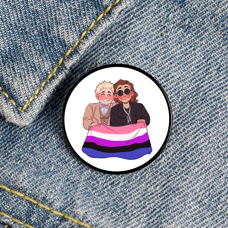 Comedy Good Omens Ineffable Husbands Aziraphale & Crowley Enamel Lapel Pins LGBT Badge Rainbow Rectangle Flag Brooch Jewelry