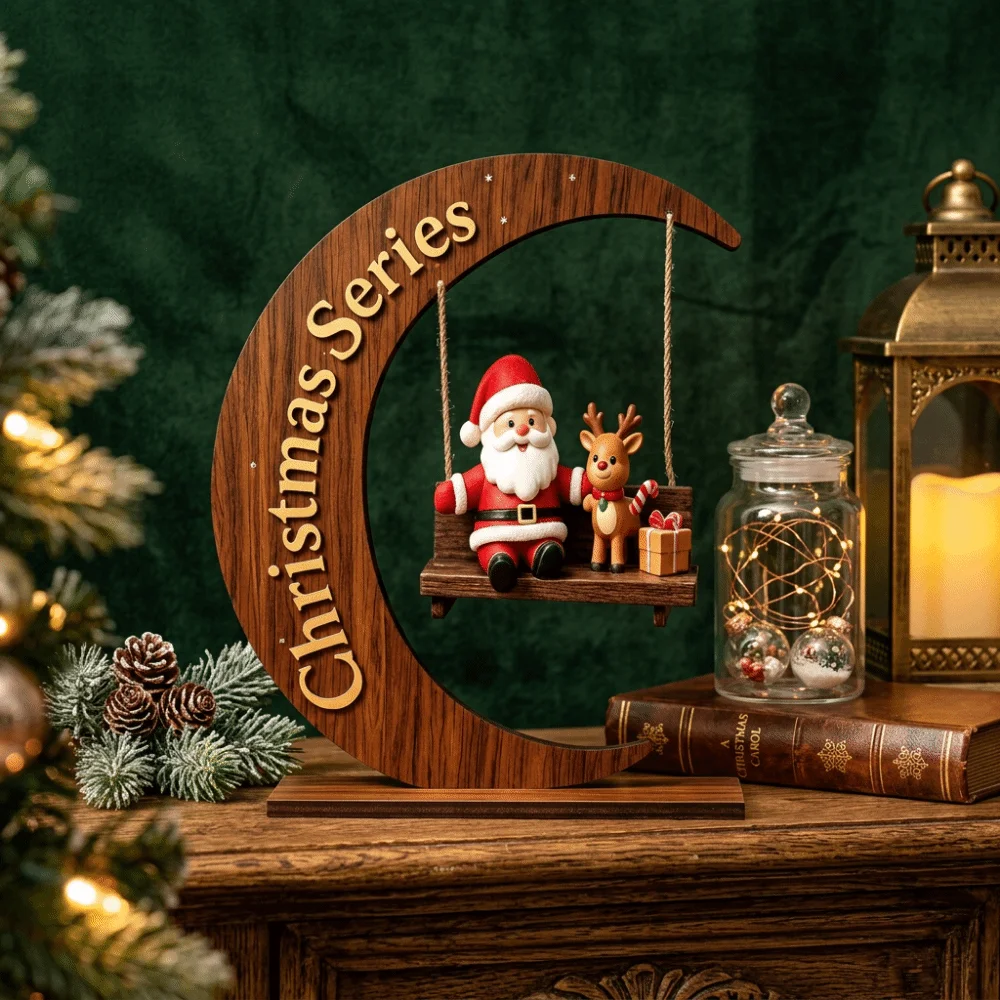 Wooden Christmas Ornaments Deer Moon Shape Santa Claus Ornament Home Decor Flat Christmas Decoration For Family