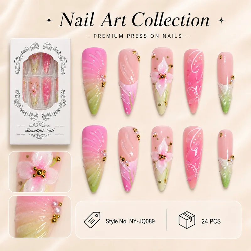 24Pcs Pink Green Gradient Press On Nails 3D Flower Shell Pearl Decor Reusable False Nail Tips