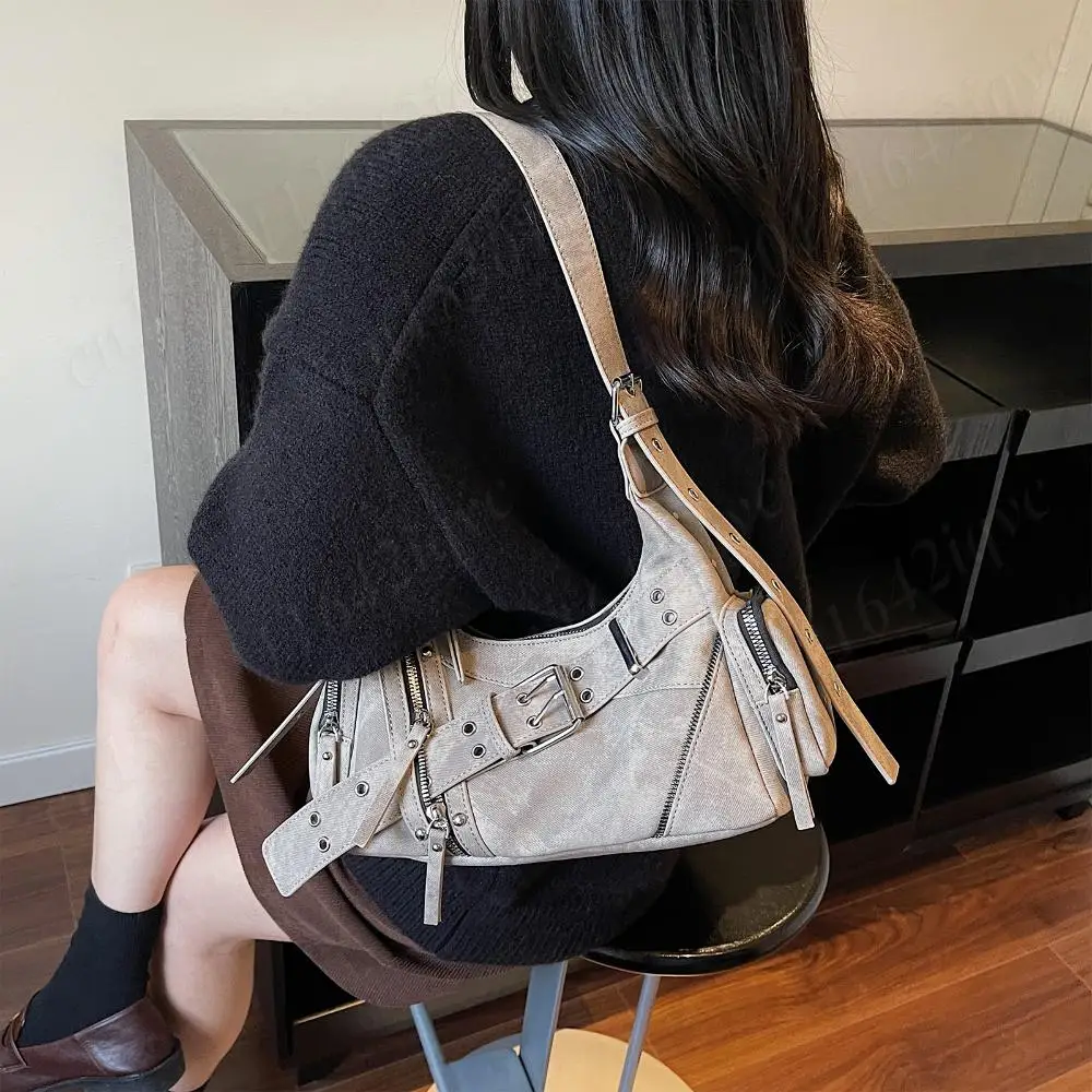 

Women Y2K PU Shoulder Bag with Belt Buckle Punk Rivet Underarm Pouch Vintage Travel Motorcycle Bag Retro Hottie Crossbody Bags