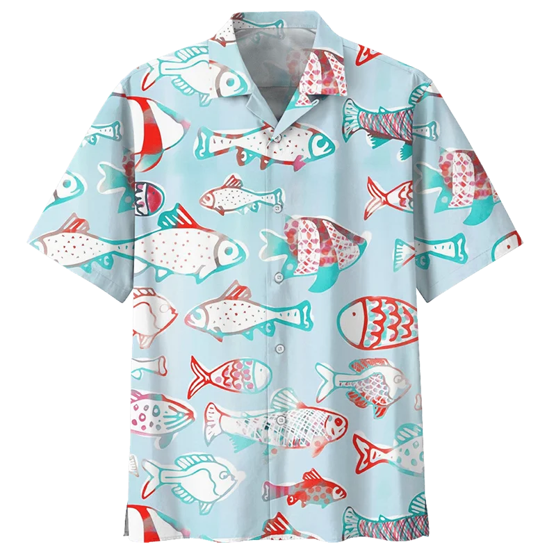 Camisa hawaiana de peces coloridos para hombre, blusa de playa con estampado 3D de animales marinos, botones de manga corta con solapa de gran tamaño, Verano