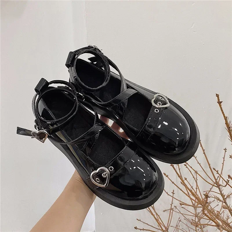 Women heels Lolita shoes platform mary jane Shoes Star Buckle Strap Mary Janes Women Cross-tied Girls Rivet Casual Shoes kawaii