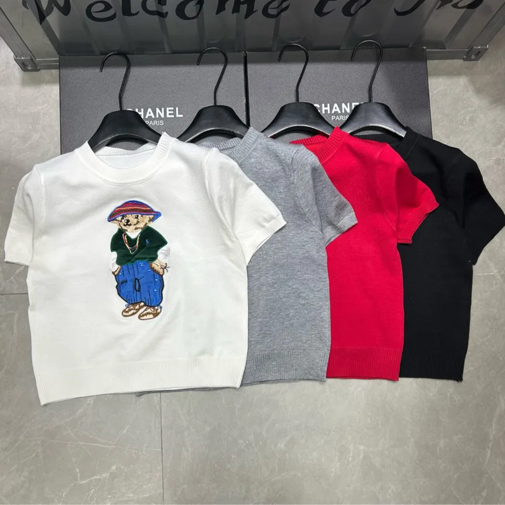 

2025 Summer New Women's Knitted Pullover Embroidery Cartoon Bear Short Sleeve Sweater Korean Fashion Casual Thin Ladies Knitwear
