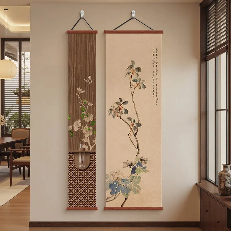 Zen Wall Decor Oriental Botanical Scroll Set with Potted Plant Design for Entryway Corridor Tea Room Aesthetic Room Decor