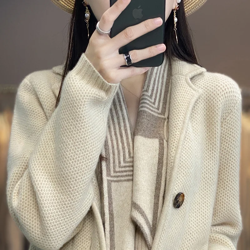 

Thiened шерстяной вязаный кардиган, женский весенне-осенний костюм, свитер с воротником, длинный свеч, обычная длина, застежка на одной пуговице