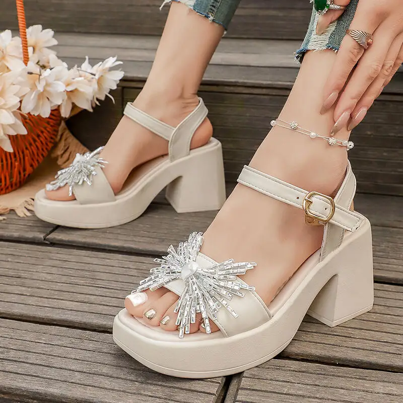 Elegantes Sandalias de Tacón Alto con Borlas y Lazos para Mujer, Sandalias de Plataforma con Correa en el Tobillo, Cómodas para el Verano 2026, Zapatos Huarache para Mujer