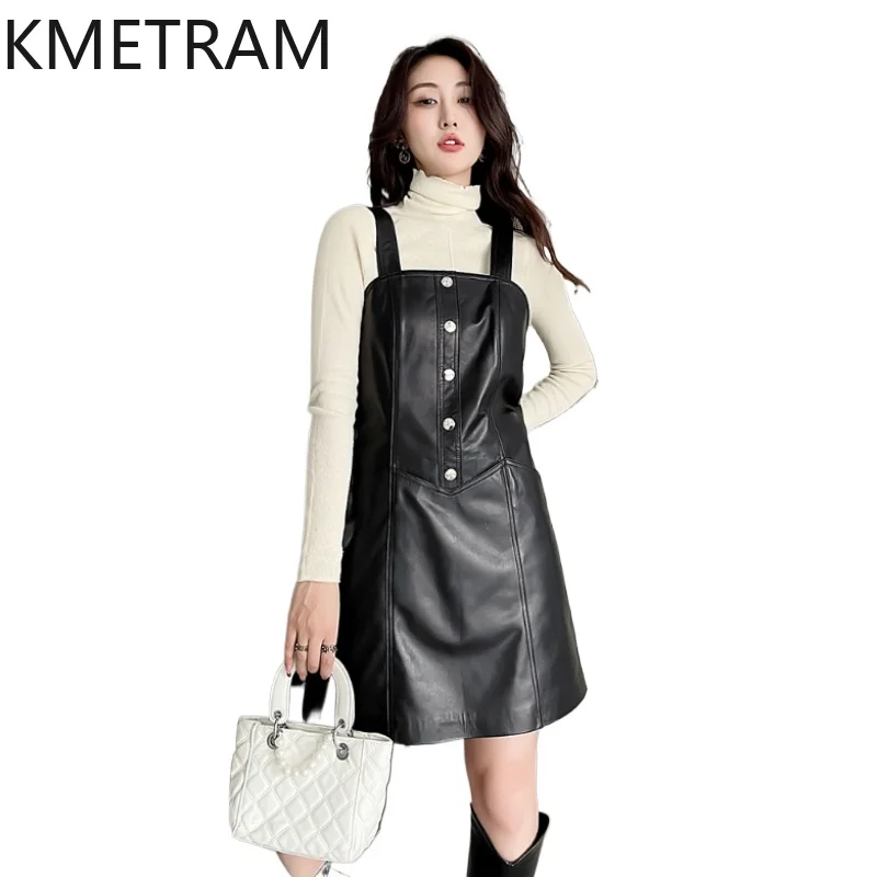 

Платье из 100% верхней овчины, женское черное платье без рукавов из натуральной кожи, новая верхняя одежда, осенняя одежда 2024, женская одежда Овчина