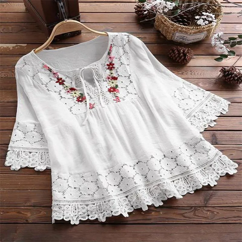 Women's Elegant Lace Blouse V Neck Half Sleeve Loose Fit Cotton Linen Solid Color Mid Length Pullover Patchwork Shirt with Hem