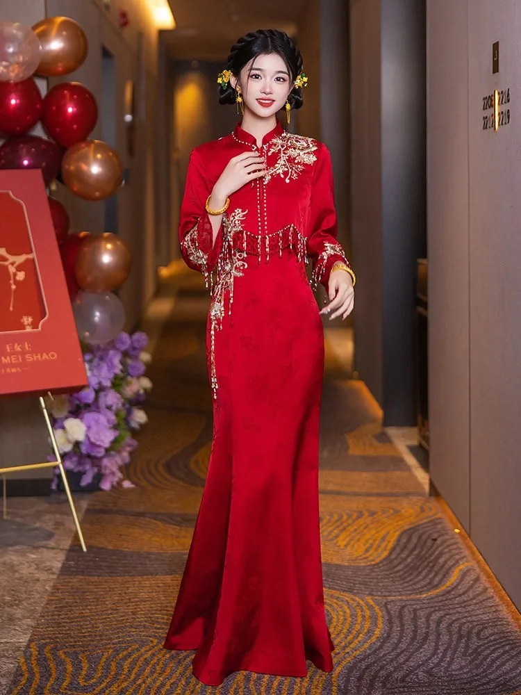 A new Chinese-style toasting dress wedding gown with light luxury and niche style two-piece set of attire