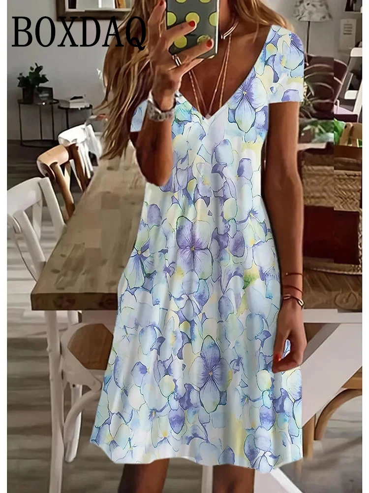 Women'S Casual Dress Vintage Pullover Loose Midi Dress Short Sleeve Floral Print Summer V-Neck Dress 2024 Plus Size Clothing 6XL