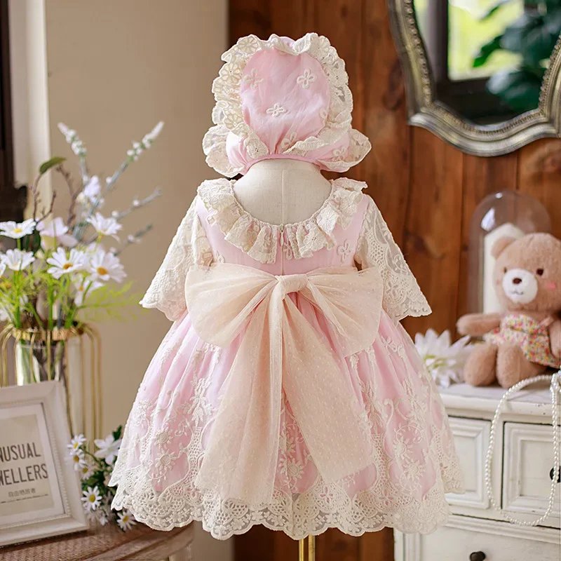 Girls\' Dresses 2023 Flower Girl Lace Dress For Kids 2 Pcs Hat Children Princess 1st Birthday Infant Elegant Ball Gowns Vestido