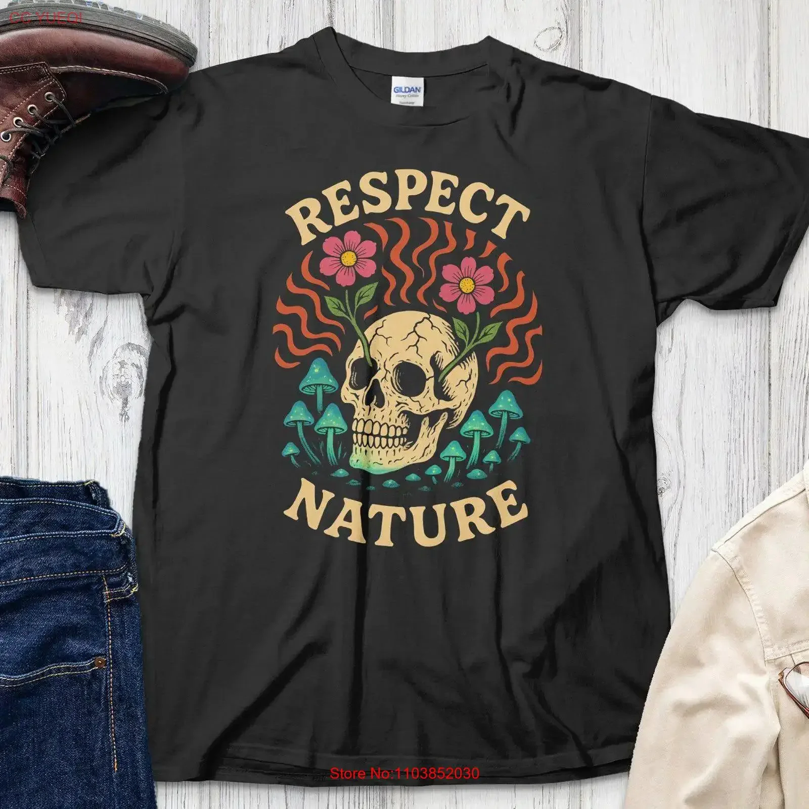 T-shirt Respect Nature, motif crâne, champignon, fleur, vintage, décontracté, confortable, mode homme, respirant, unisexe, streetwear