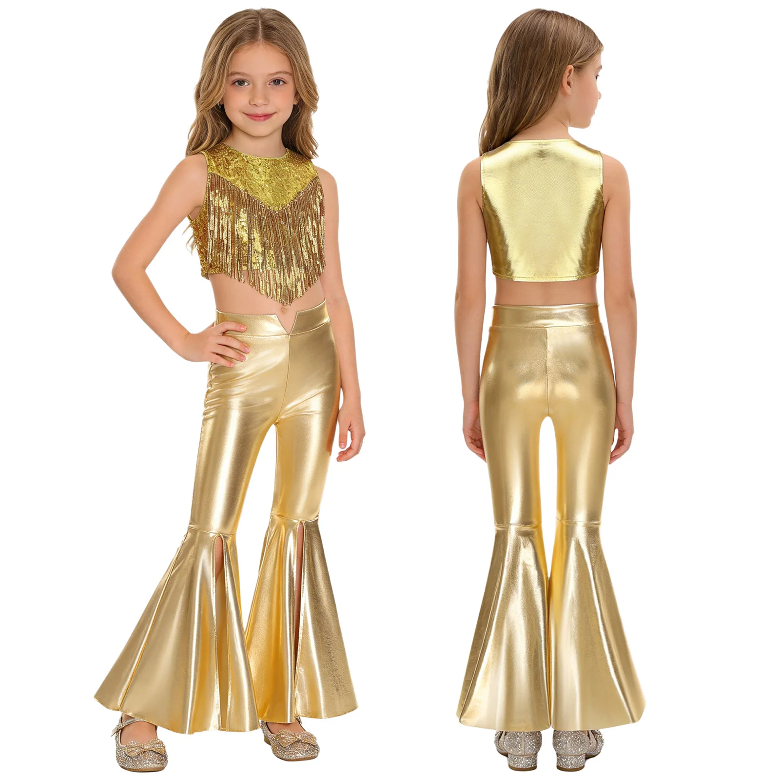 Kinderen jaren '70 Disco Dance Set 2-delig Metallic Glans Glanzende Pailletten Top met Metallic Broek Meisjes Cheerleading Competitiekostuum