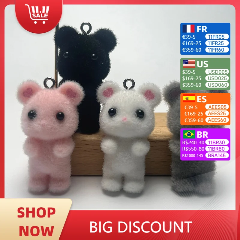 

30pcs Flocked resin Charms 3D Fluffy Mouse Animal Pendant for Miniature Dolls Keychain Necklace Pendant DIY Jewelry Make