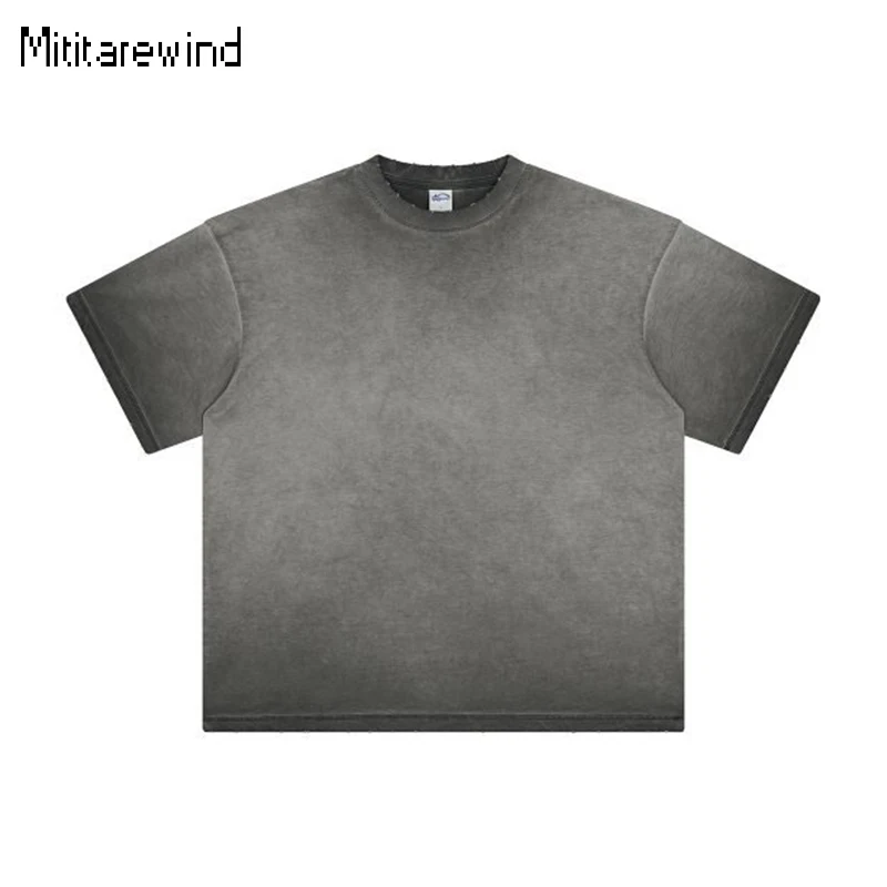 

Summer New Men Tees High Street Distressed Edge Washed Men's T-shirt Youth Trendy Retro Tshirt Pure Cotton Short Sleeve Tops Y2k