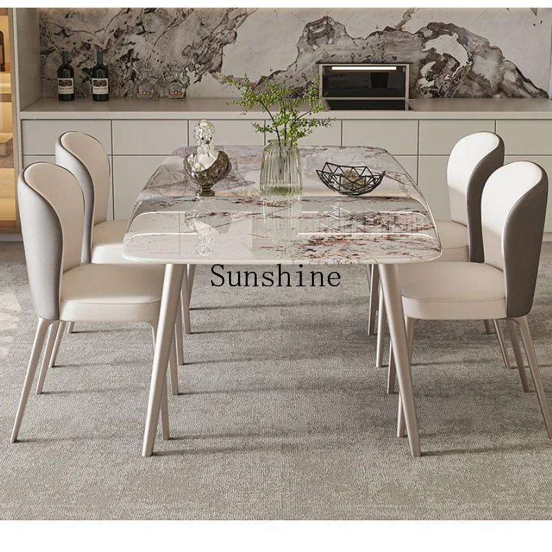 Dining table and chairs light luxury living room household cream style marble surface modern simple rock slab dining table