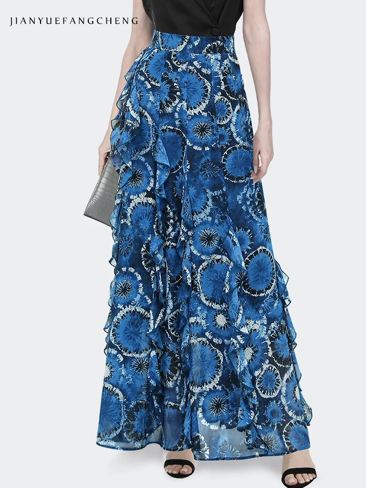 Long Skirt Womens Summer Blue Chiffon Floral Printed Skirts Floor-length High Waist A-line Flowing Ruffles Pleated Maxi Skirts