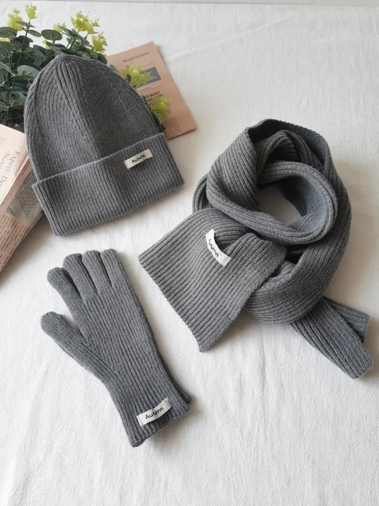 Feminino cor sólida malha inverno cachecol chapéu e luvas conjunto à prova de vento três peças acessórios de moda para adultos chapéus para mulher