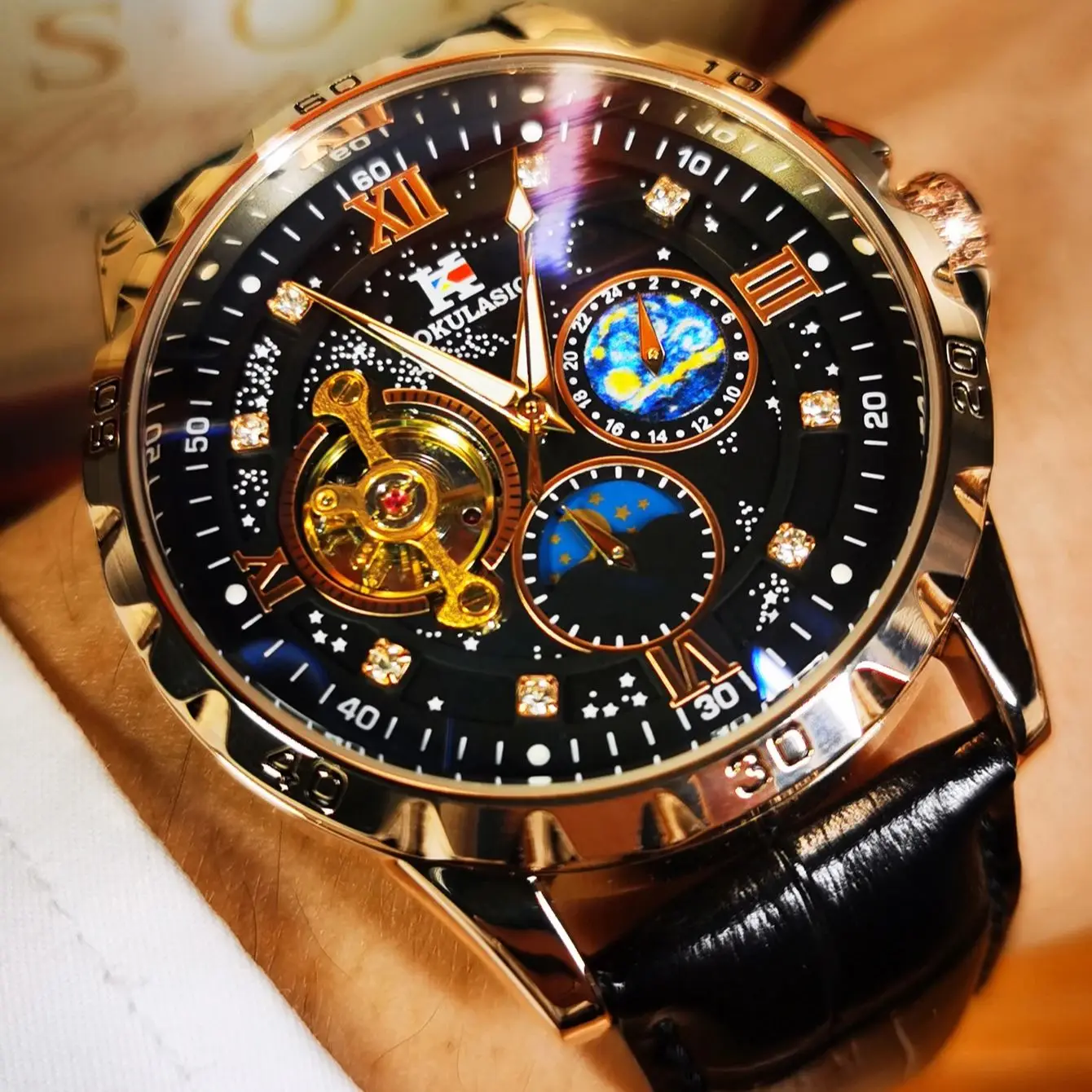 

AOKULASIC Tourbillon Skeleton Механические часы Звездное небо Фаза Луны Циферблат Стальной кожаный ремешок Элитный бренд Автоматические мужские часы