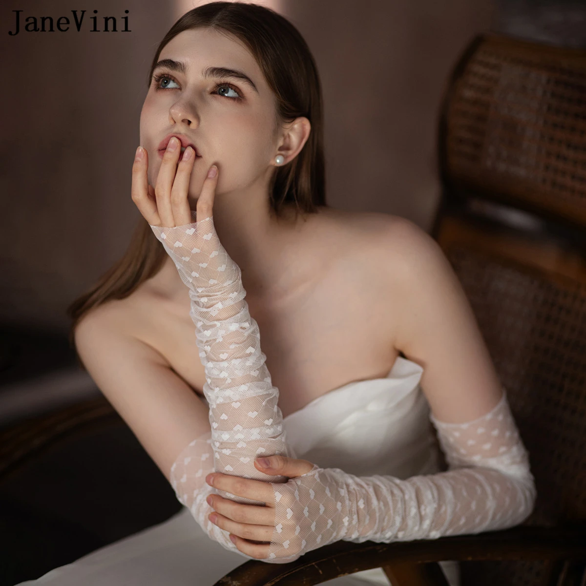 JaneVMini-White قفازات طويلة بدون أصابع على شكل قلب ، قفازات دانتيل ساحرة لفساتين الزفاف ، قفازات طول الأوبرا ، اكسسوارات الزفاف ، 2023