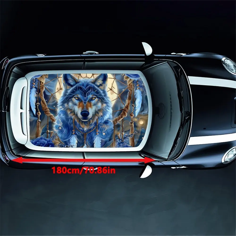 Fantasy combination of blue roses and wolves car vinyl wraps, car roof graphics, creative graphic design