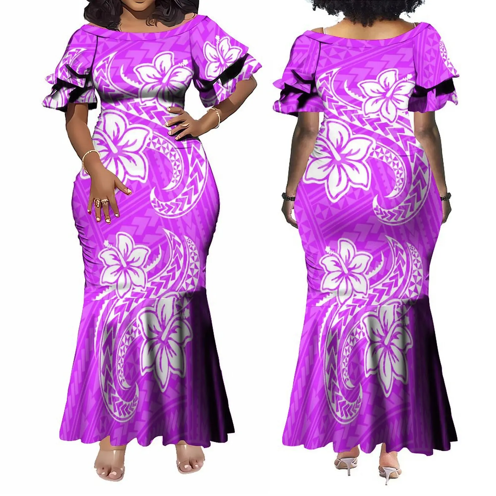 Vestido tribal branco samoano para mulheres, vestidos de sereia midi em camadas, presente do dia das mães, elegante vestido francês babado da senhora