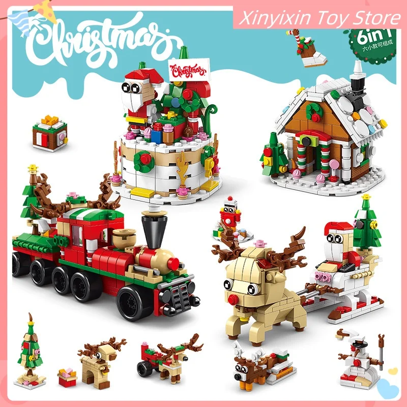 Christmas Building Blocks Gingerbread House Puddle Jumper Music Box Cake Assembly Toy Christmas Tree Model Kids New Year'S Gift