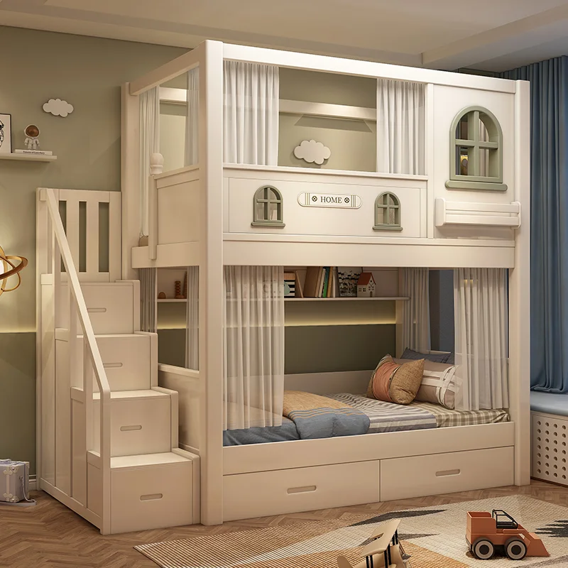 solid wood, high and low two-layer child and mother parallel beds multi-functional combination beds