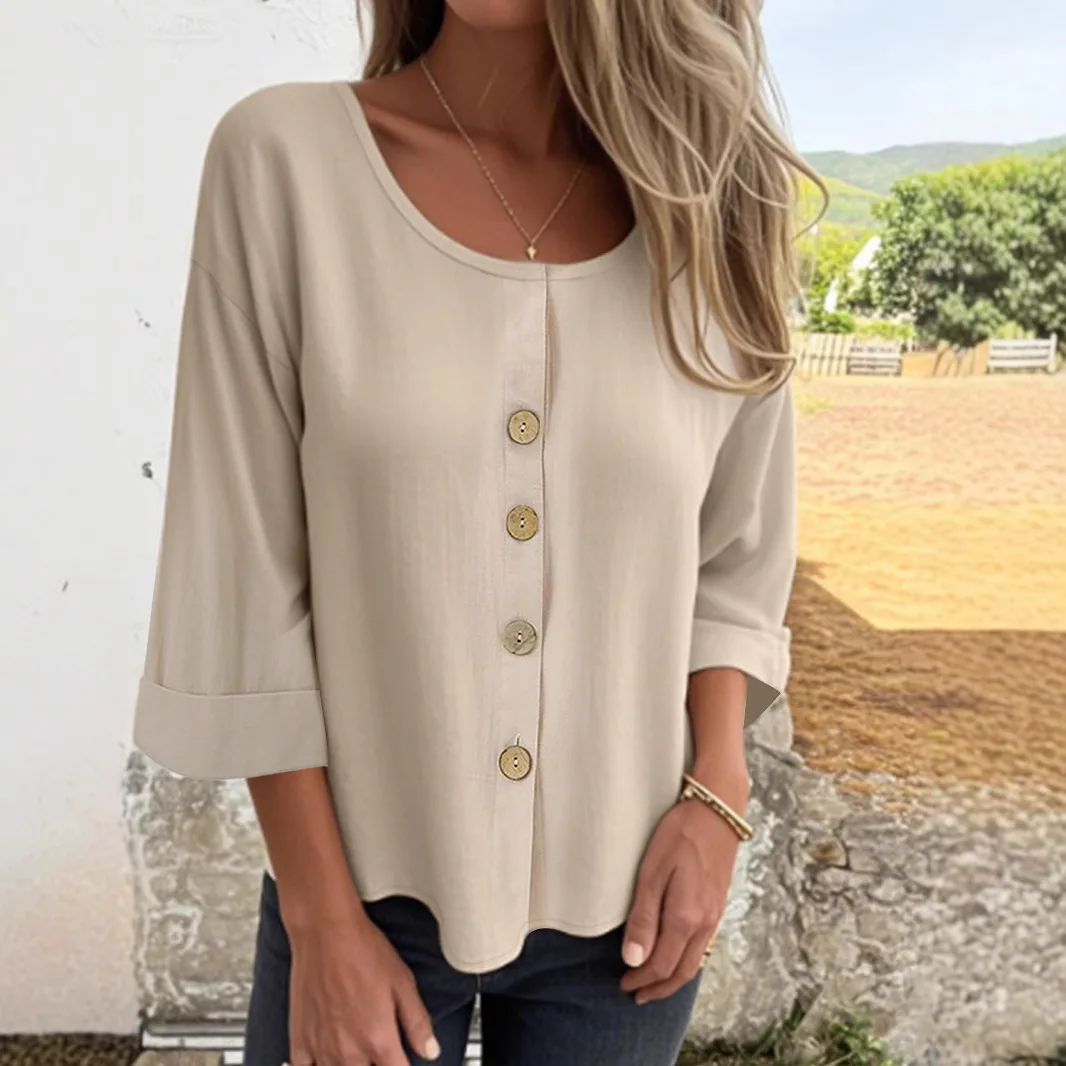 

2025 New Loose T-shirt Women's Crew Neck Cotton and Linen Buttons Top Cardigan Shirt Blusas De Mujer Bonitas Y Baratas