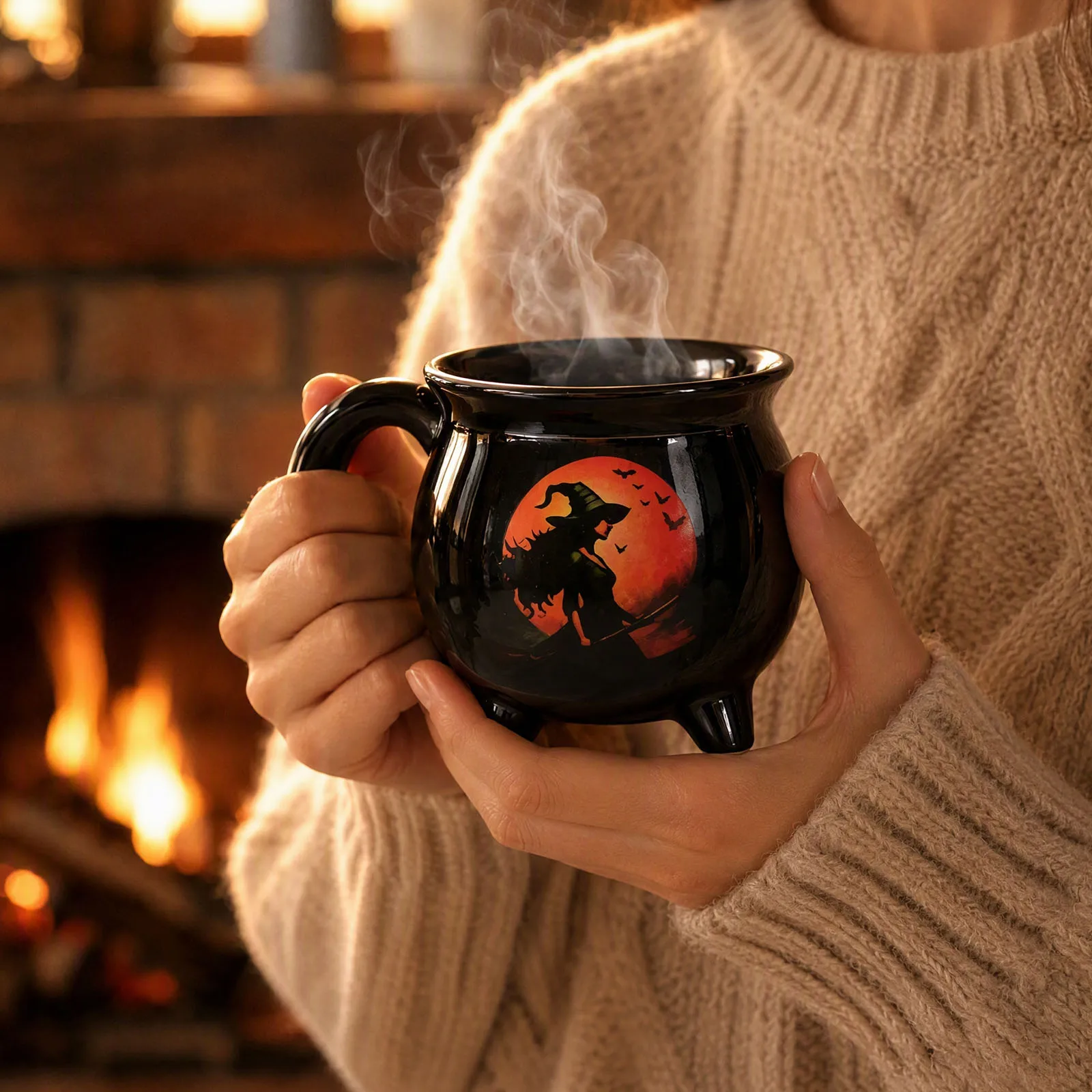 Halloween Witch Cauldron Ceramic Mug Black Cat Glowing Pumpkin Full Moon Autumn Leaves Spooky Fall Drinkware