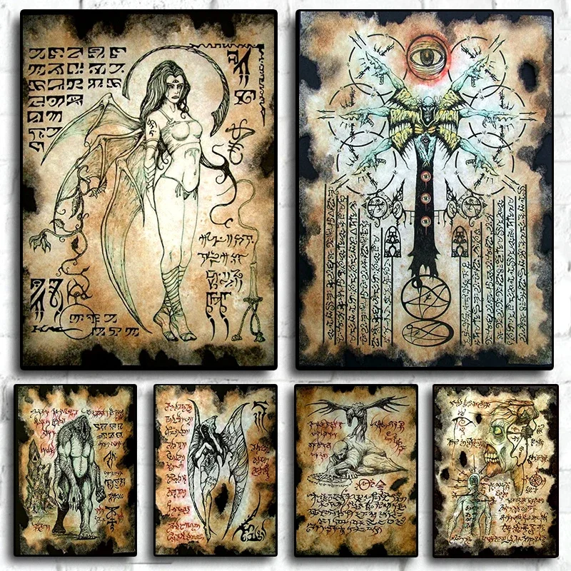 Vintage Demon Witch Wasteland Necronomicon Fragment Poster Aesthetic for Wall Art Room Decor Home Decoration Dark Magic Monster