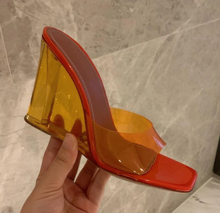 Slope Heel Transparent Sole Slippers Wedge High Heel Peep Toe Clear Shoes Candy Color New Fashion Beach Holiday Sapatos Mujer