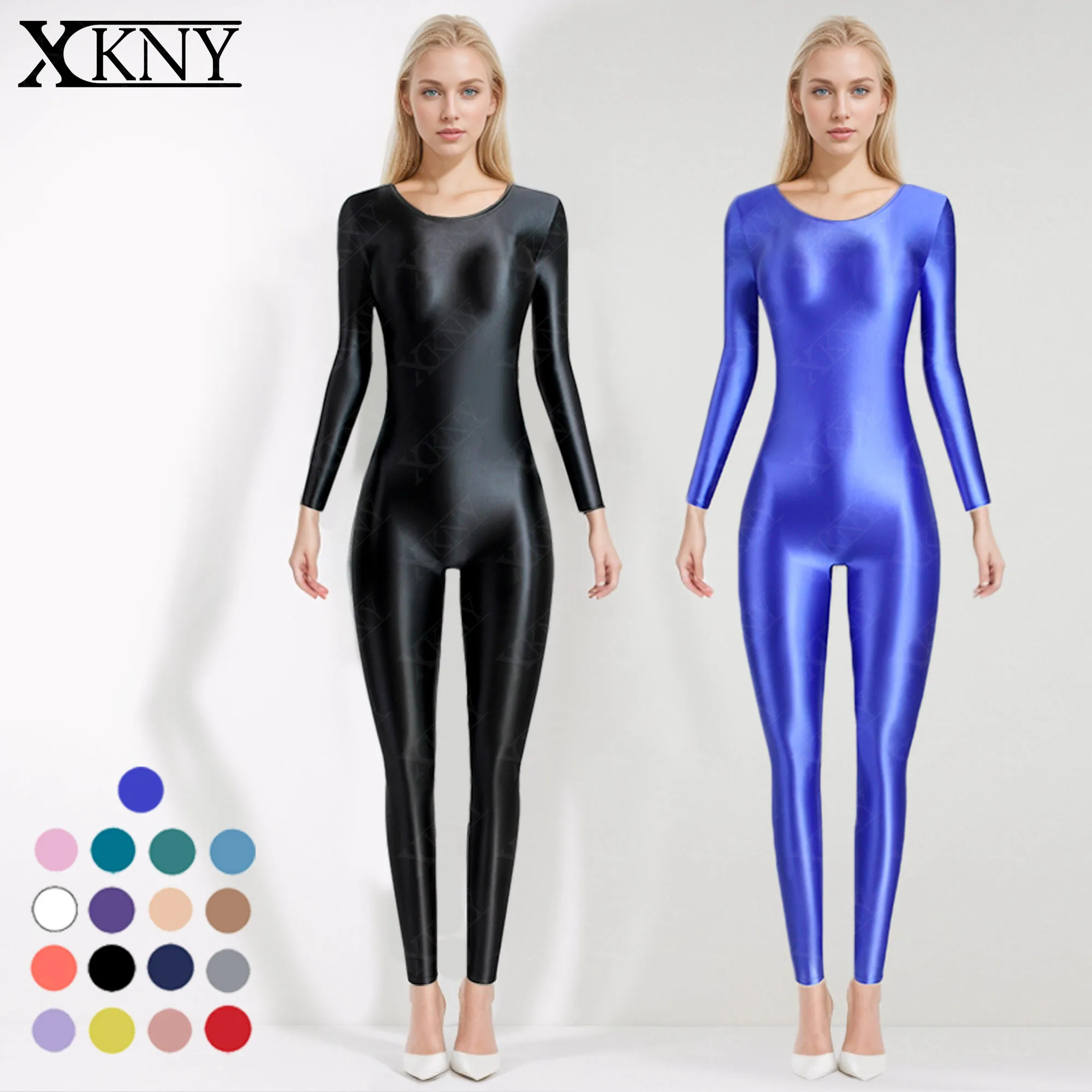 

XCKNY satin glossy tights smooth oil round neck long sleeve zentai glossy BODYSUIT silky Yoga Jumpsuit unisex tight fitting suit