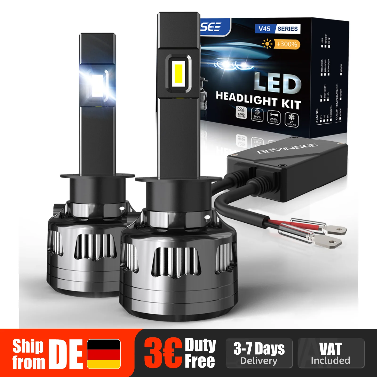 BEVINSEE H1 9006 HB4 LED-Scheinwerferlampen CANBUS 120W 22000LM Leistungsstarke Lampe für VW Golf Mk4/5/6 für Ford Fiesta für Renault Clio