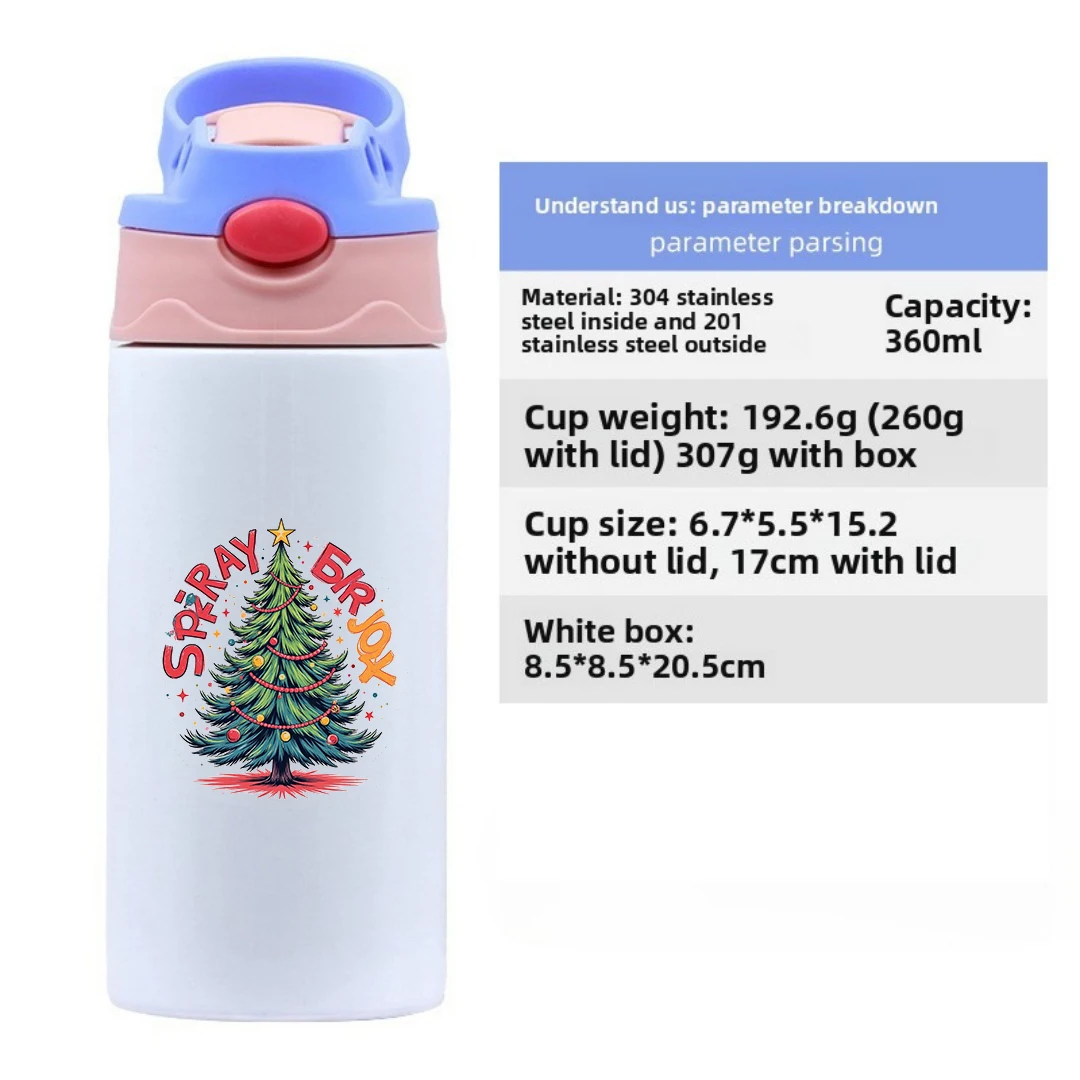 Tasse isolée en acier inoxydable 304 + autocollant d'arbre de noël de dessin animé, tasse en paille, tasse d'eau créative pour enfants, coffret cadeau de noël