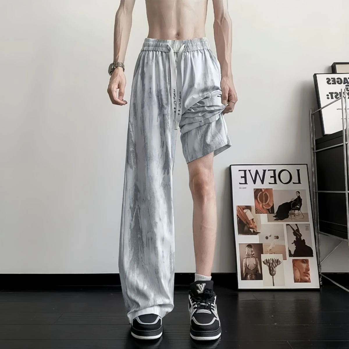 Men Tie Dye Quick Dry Ice Silk Casual Pants Summer Thin Loose Straight Wide Leg New
