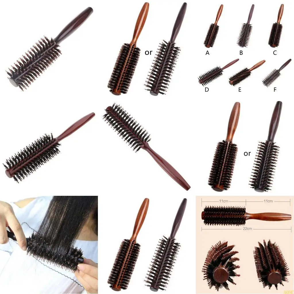 A0NCイノシシ毛の丸いスタイリングヘアブラシブローカーリングロールヘアブラシの木製ハンドル